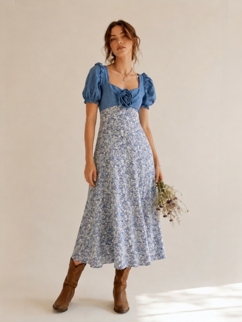 Anthropologie Blue Floral Midi Dress
